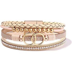 Boho Wrap Bracelets Leather Cuff Bangle Gold Beaded Bracelets for Women